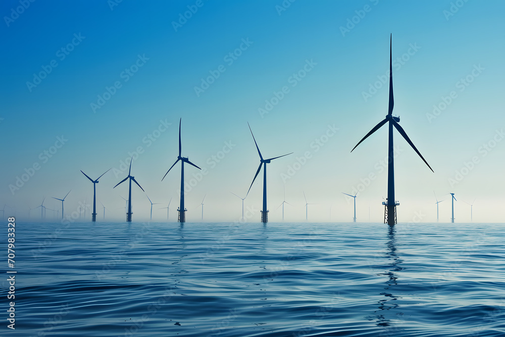 Huge windmills located in the water. The concept of generating electricity using wind.