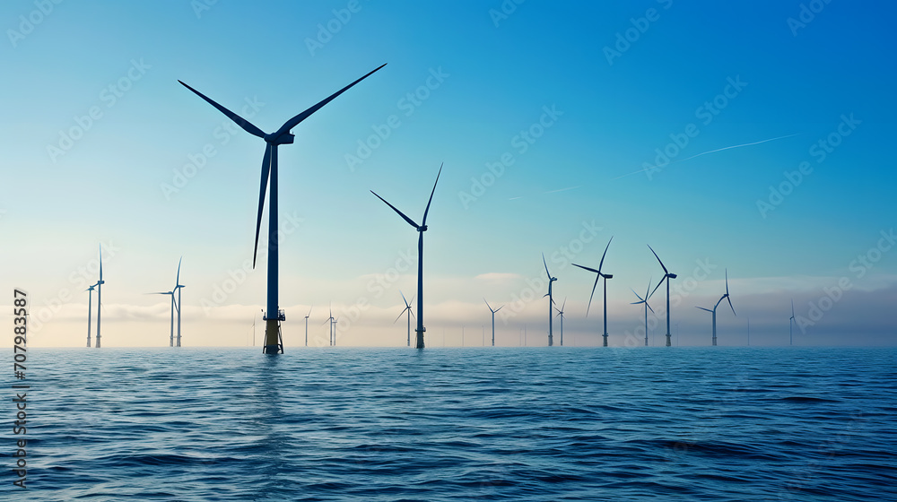 Huge windmills located in the water. The concept of generating electricity using wind.