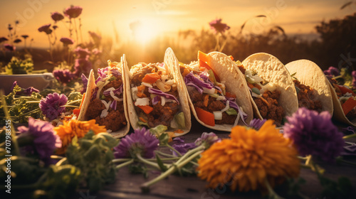 Product photograph of mexican tacos in the snow In a winter forest. Sunlight.  Orange color palette. Food.  photo