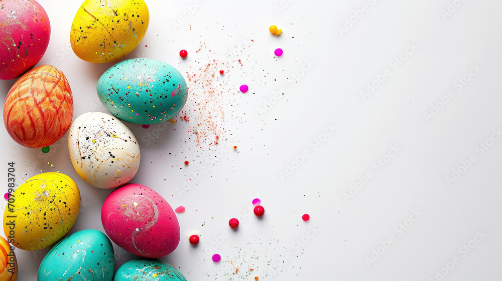 Glitter sparkling multi-colored eggs crumbly sequins Easter on a white background copy space Glitter sparkling multi-colored eggs crumbly sequins Easter on a white background copy space