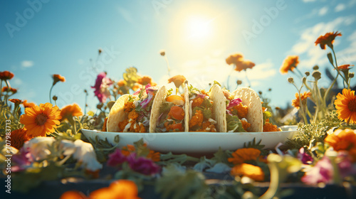 Product photograph of mexican tacos in the snow In a winter forest. Sunlight.  Orange color palette. Food. 