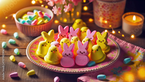 Colorful marshmallow candies shaped like chicks and bunnies photo