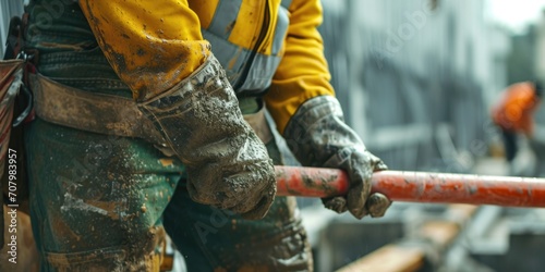 A construction worker holding a red pipe. Suitable for construction, plumbing, and industrial concepts