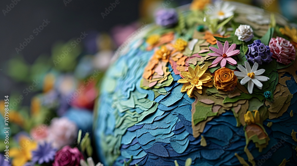 Quilled paper Earth, continents blooming with native flowers