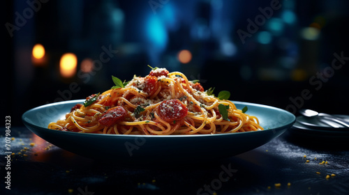 Product photograph of spaghetti on a table in a nigth bar. Dramatic light. Blue color palette. Food. 