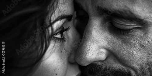Close up view of a man and a woman's faces. Suitable for portraits, relationship concepts, and emotions