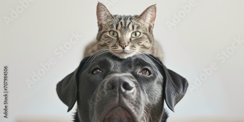 A cat is sitting on top of a dog's head. This image can be used to depict an unlikely friendship between different animals photo