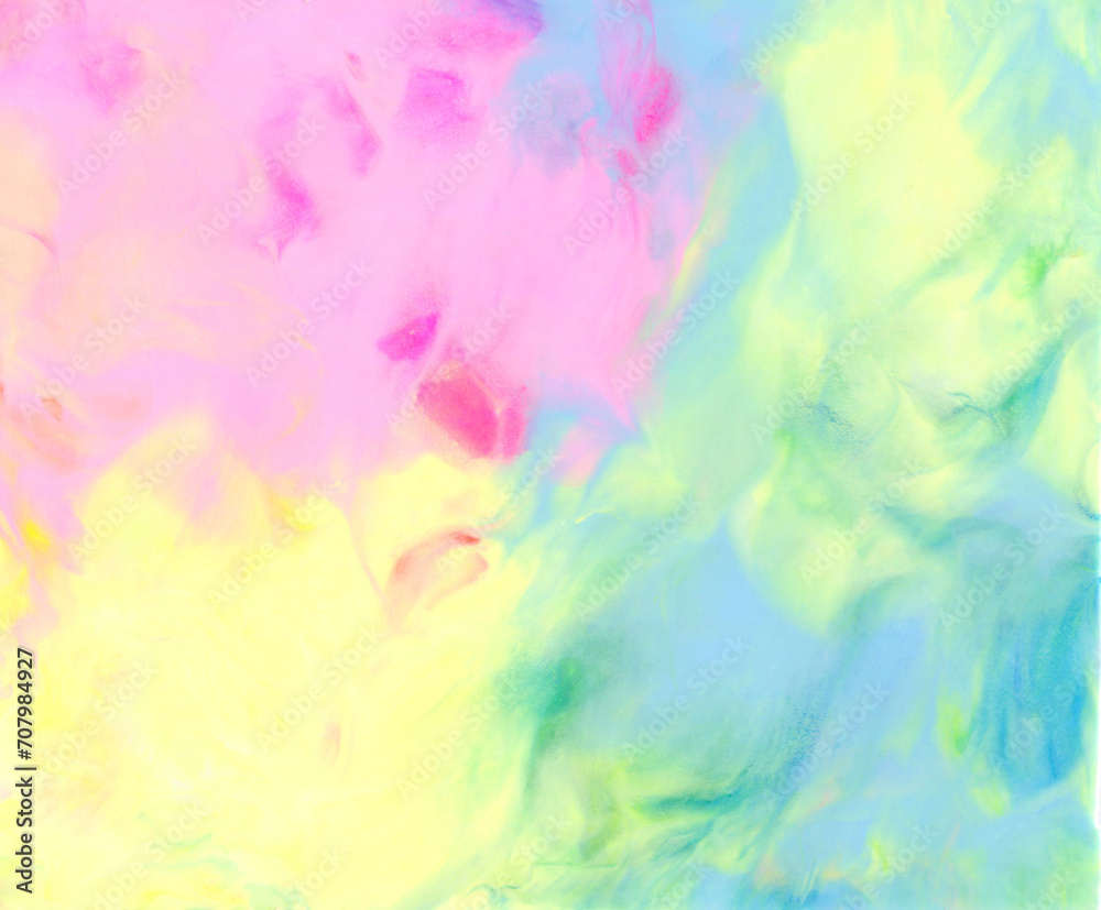 Acrylic texture in pastel colors. Liquid flowing acrylic on canvas. Marble texture in rainbow colors. Hand made abstract artwork with pink, blue, green and yellow colors.