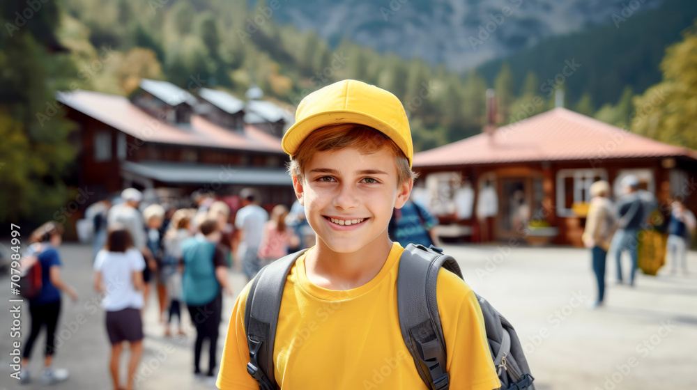 A cute boy in a cap and with a backpack came to relax at a children's camp A cute boy in a cap and with a backpack came to relax at a children's camp