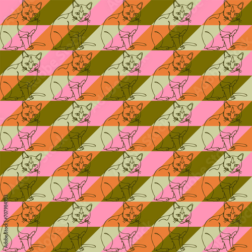 vector image of cats, drawn with a contour on a background of multi-colored rectangles