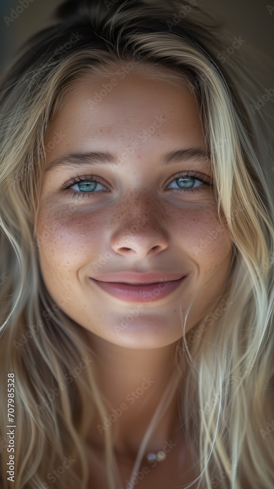 Close up face portrait of a young smiling nordic blonde blue-eyed woman with perfect glowing skin and skincare