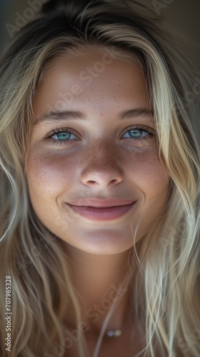 Close up face portrait of a young smiling nordic blonde blue-eyed woman with perfect glowing skin and skincare