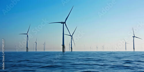 Huge windmills located in the water. The concept of generating electricity using wind.