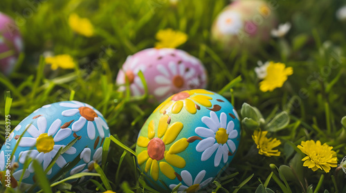 Decorated easter eggs in grass background. AI Generative