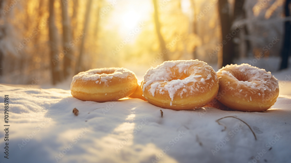 Product photograph of plate of Doughnuts in the snow In a winter forest. Sunlight.  Yellow color palette. Food. 