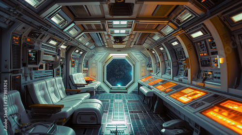 retro futuristic film set interior of space station command center photo