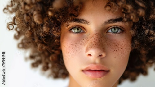 A young individual with curly hair and freckles is shown in a high-resolution close-up portrait, focusing on their eyes.