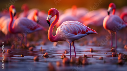 A flamingo gracefully wading in the water, exhibiting wildlife in its natural habitat