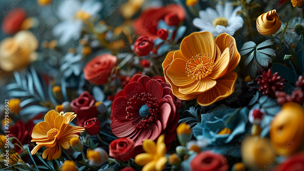 Spiraling quilled flowers, a dynamic and layered floral display
