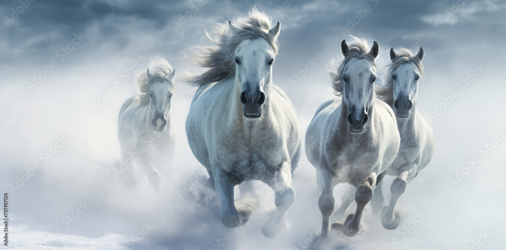 Horses running in the snow background wallpaper, in the style of photorealistic technique, misty atmosphere, photo taken with provia, wimmelbilder, white and azure

