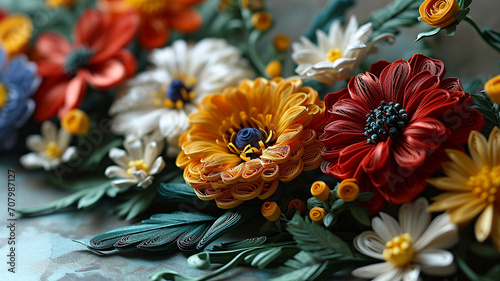Traditional quilled marigolds, bold pattern with cultural flair