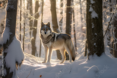 Wolf steht in einem verschneiten Schnee im Winter, erstellt mit generativer KI