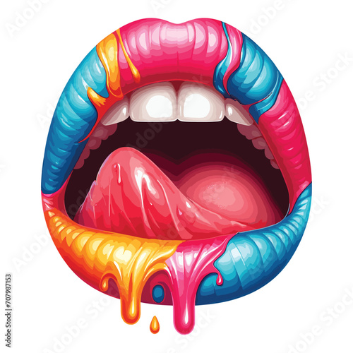Open mouth with bright color makeup paint flow lips biting vector isolated on white background