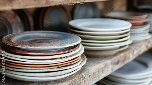 Stacked ceramic plates on a shelf.