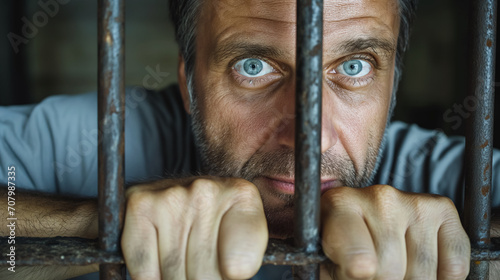 Man behind bars with intense eyes.