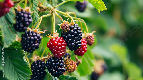 Blackberries grow in the garden. Ripe and unripe blackberries on a bush. selective focus. Generative AI,