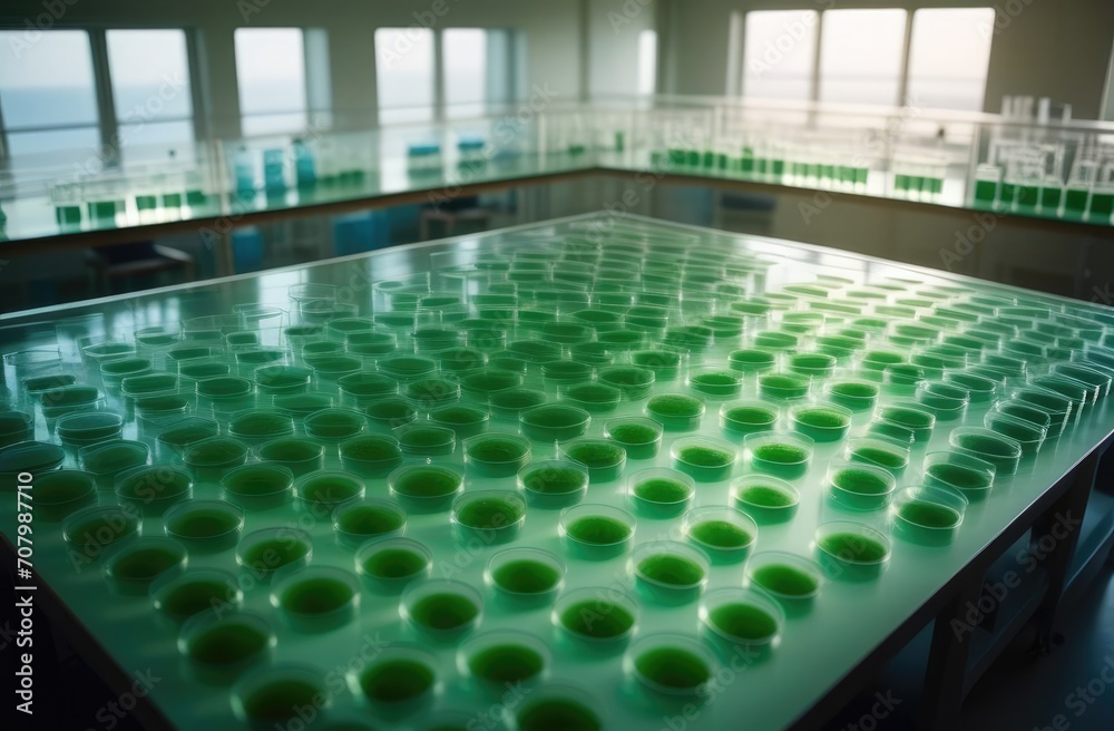 Naklejka premium Algae, microalgae research in laboratories. biotechnology, science. Biofuel research process in laboratory. Generative AI