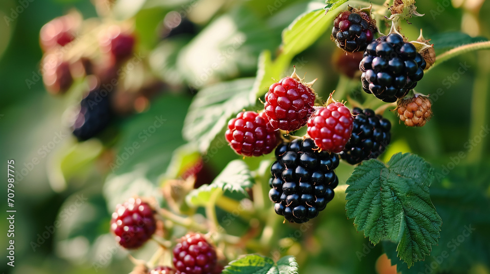Blackberries grow in the garden. Ripe and unripe blackberries on a bush. selective focus. Generative AI, Blackberries grow in the garden. Ripe and unripe blackberries on a bush. selective focus. Generative AI,