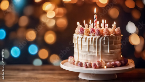 Festa nel Piatto- Torte di Compleanno Decorate su Piedistallo, Inquadrato da Luci Festive photo