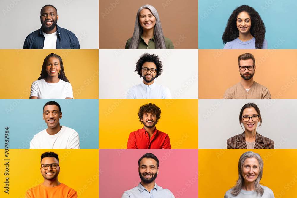 A vibrant array of individual portraits against colorful backgrounds, each person sporting a friendly, inviting smile, ideal for campaigns that value diversity and aim to connect with a wide audience