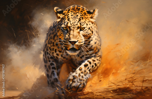 A large leopard is running in the forest, in the style of photo-realistic landscapes, traditional african art