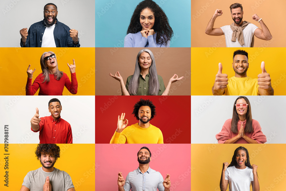 Collage of people in various states on colorful backgrounds. Concept highlights the authenticity and emotional resonance of human expressions, perfect for campaigns aiming to evoke genuine connections