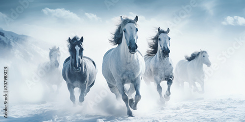 Horses running in the snow background wallpaper, in the style of photorealistic technique, misty atmosphere, photo taken with provia, wimmelbilder, white and azure   © Possibility Pages