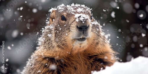 portrait the groundhog crawled out of the hole and looked around in cold snowy weather, Groundhog Day, banner, poster