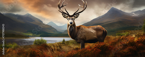 A stag in a field with a mountain view, in the style of photorealistic detail, crimson and amber, dynamic outdoor shots, scottish landscapes, close-up intensity, photo-realistic hyperbole, dignified p photo