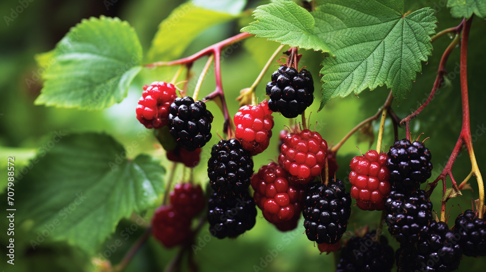 Blackberries grow in the garden. Ripe and unripe blackberries on a bush. selective focus. Generative AI, Blackberries grow in the garden. Ripe and unripe blackberries on a bush. selective focus. Generative AI,