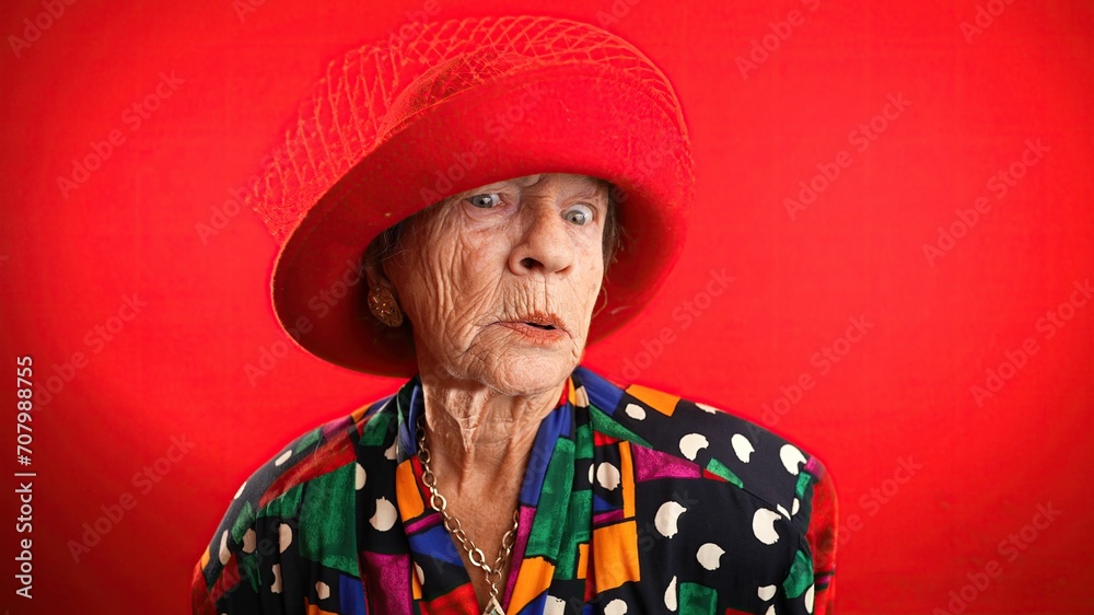 Funny fisheye portrait of elderly senior old woman with wrinkled skin looks at camera gives great idea gesture showing explosion of thinking posing isolated on red background. Funny fisheye portrait of elderly senior old woman with wrinkled skin looks at camera gives great idea gesture showing explosion of thinking posing isolated on red background.