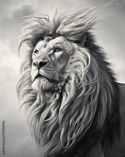 A black and white photograph of a lion with hair blowing in the wind, in the style of high detailed, realistic oil portraits, colorful fauna, photo taken with nikon d750, grisaille, matte drawing, rea © Possibility Pages