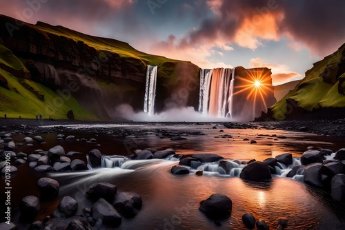 Incredible landscape with Skogafoss waterfall and unreal sunset sky. Iceland, Europe © Beauty