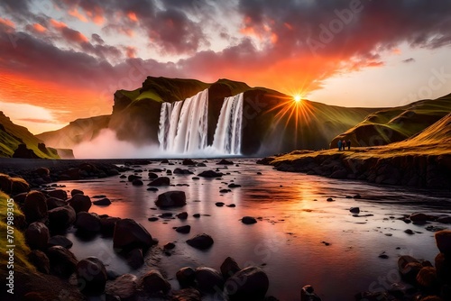 Incredible landscape with Skogafoss waterfall and unreal sunset sky. Iceland  Europe