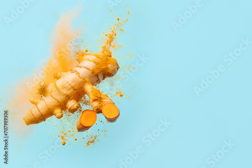Golden yellow turmeric root and powder on isolated pastel blue background with copy space. Key ingredient in many Asian dishes. Concept of food coloring and healthy bitter spices. photo