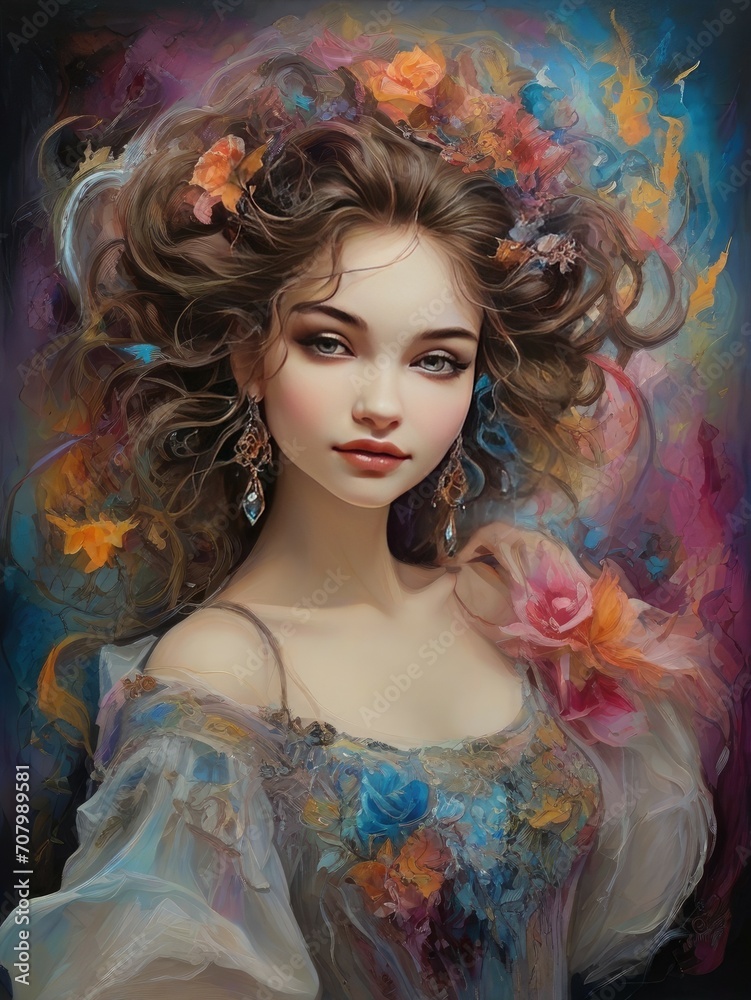 Whimsical Sylphs: A Tapestry of Delicate Colorful Dreams – Woman's Mesmerizing Eye Adorned with Ethereal abstract Flowers, Woven into Flowing Tresses for an Elegance Beyond Imagination
