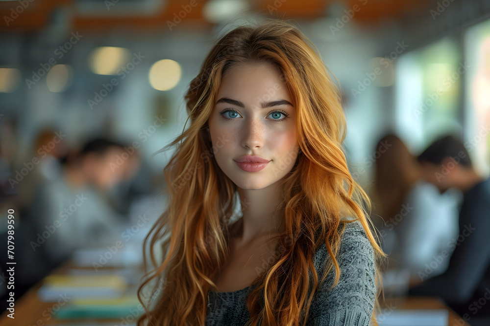 Red-Haired Woman Portrait, Mesmerizing Blue Eyes, Casual Elegance, Warm Indoor Lighting Red-Haired Woman Portrait, Mesmerizing Blue Eyes, Casual Elegance, Warm Indoor Lighting