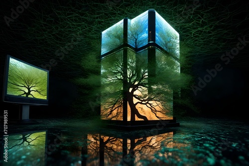 a tree growing in an electronic cube