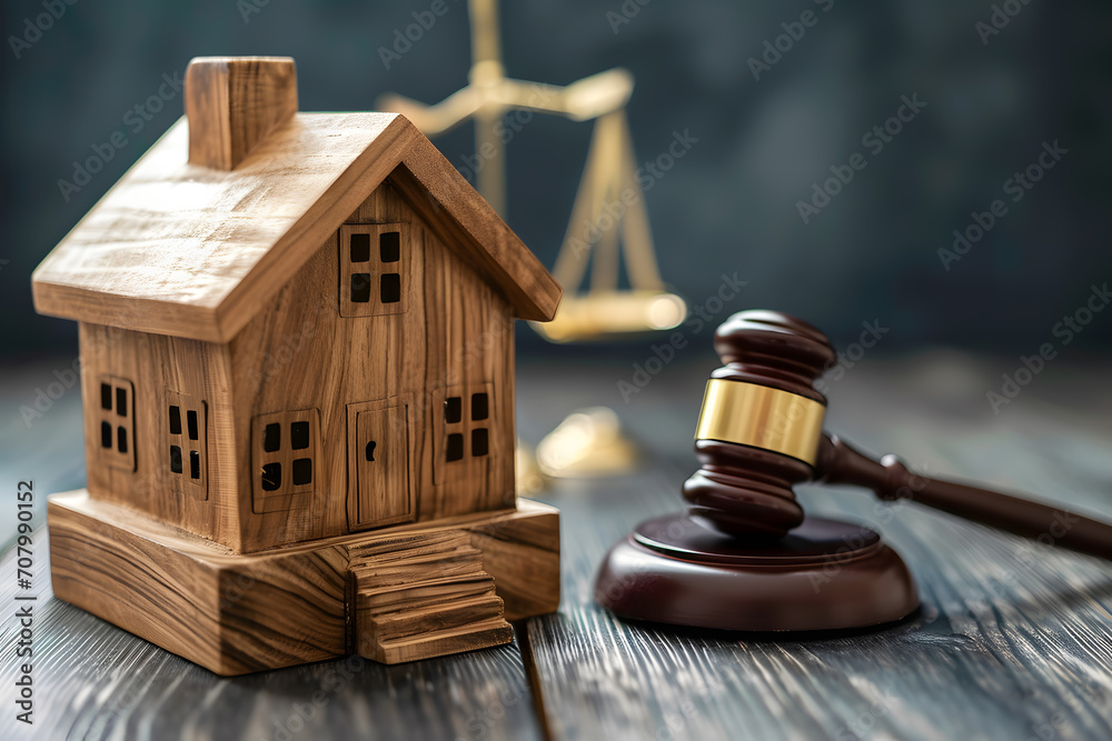 Concept of real estate law, auctions and home buying. Miniature wooden house, judge's scales and gavel on the table. Concept of real estate law, auctions and home buying. Miniature wooden house, judge's scales and gavel on the table.