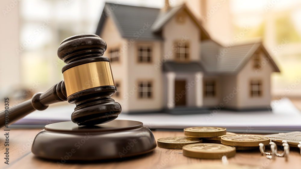 Concept of real estate law, auctions and home buying. Miniature wooden house, judge's scales and gavel on the table. Concept of real estate law, auctions and home buying. Miniature wooden house, judge's scales and gavel on the table.